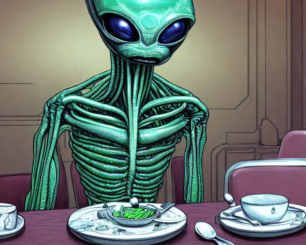 Alien with large eyes eating green food at table.