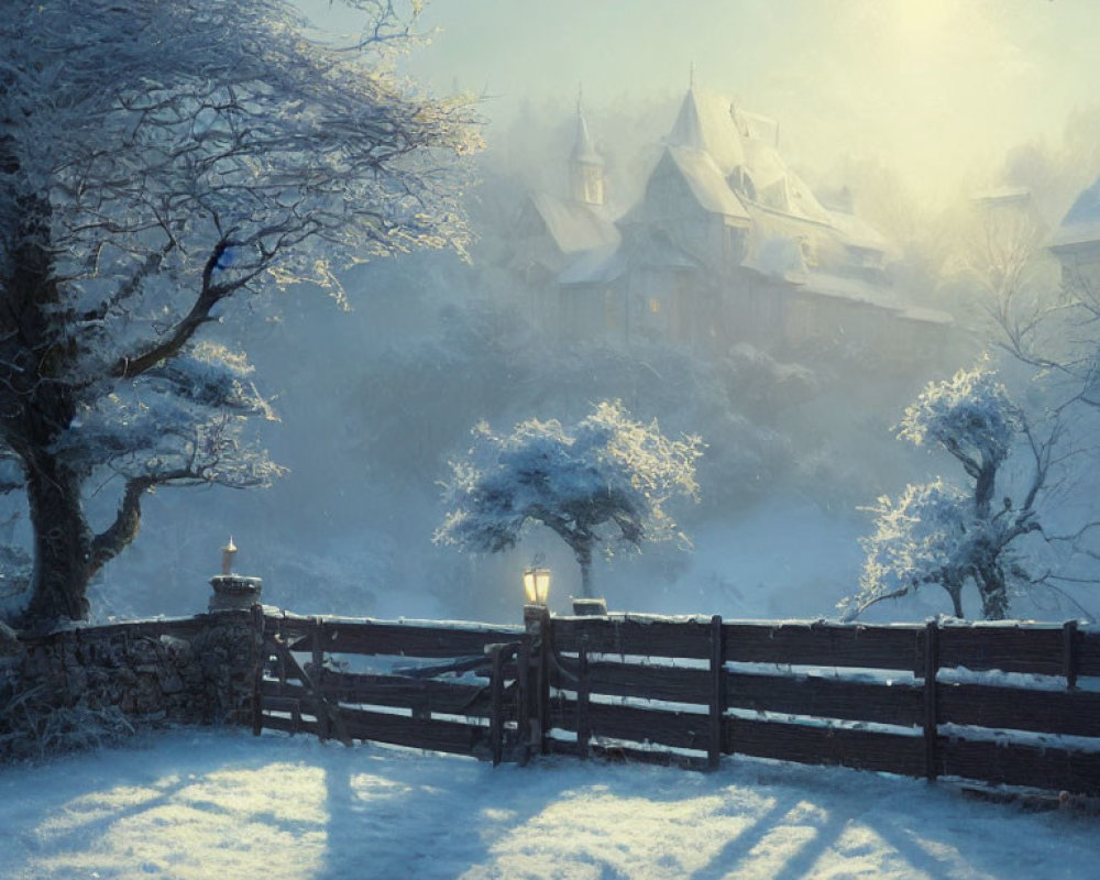 Snow-covered winter scene with glowing lantern, wooden fence, and cozy cottage at dusk