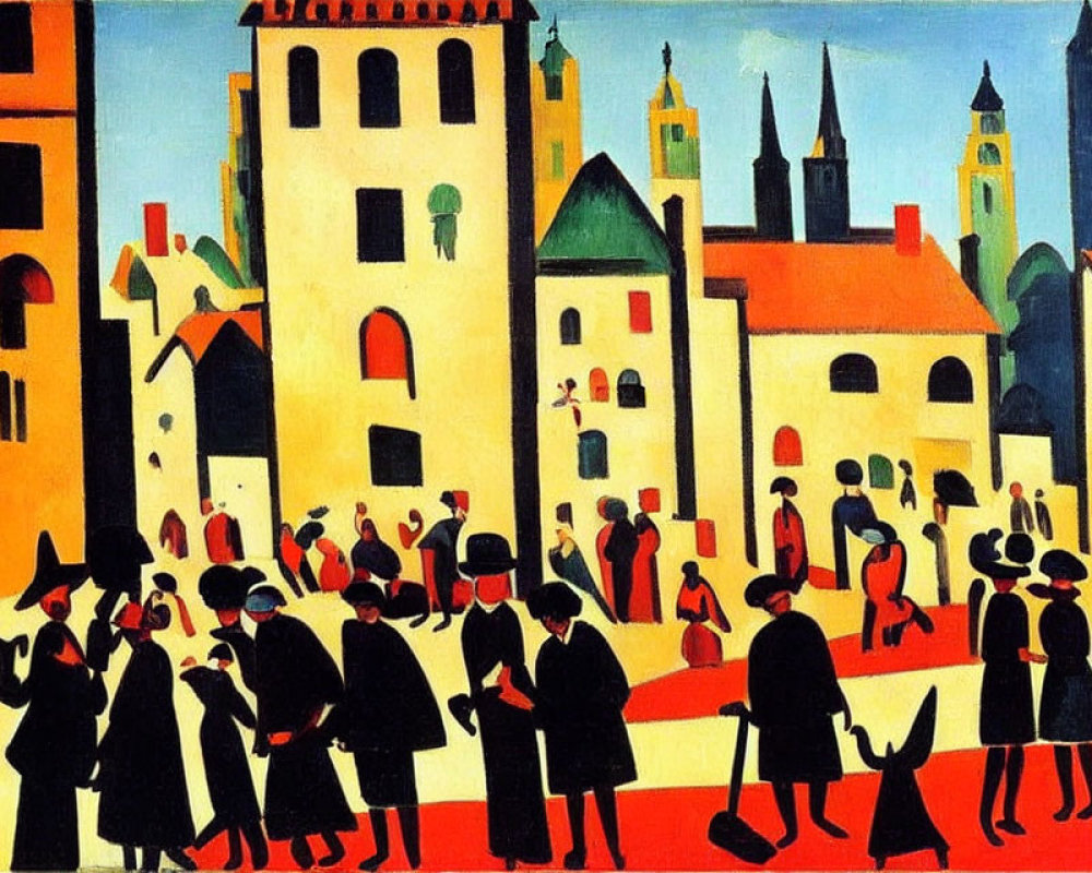 Vibrant urban scene painting with 1920s figures and dog