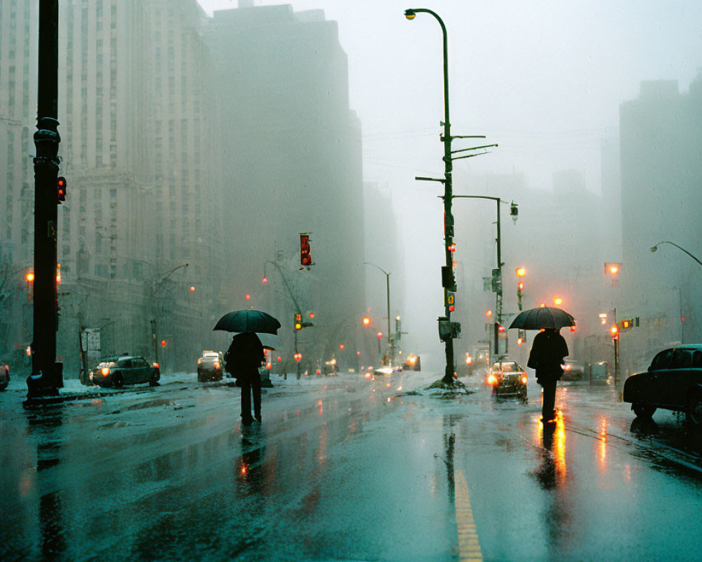 Two people with umbrellas crossing wet city street in rain and fog.