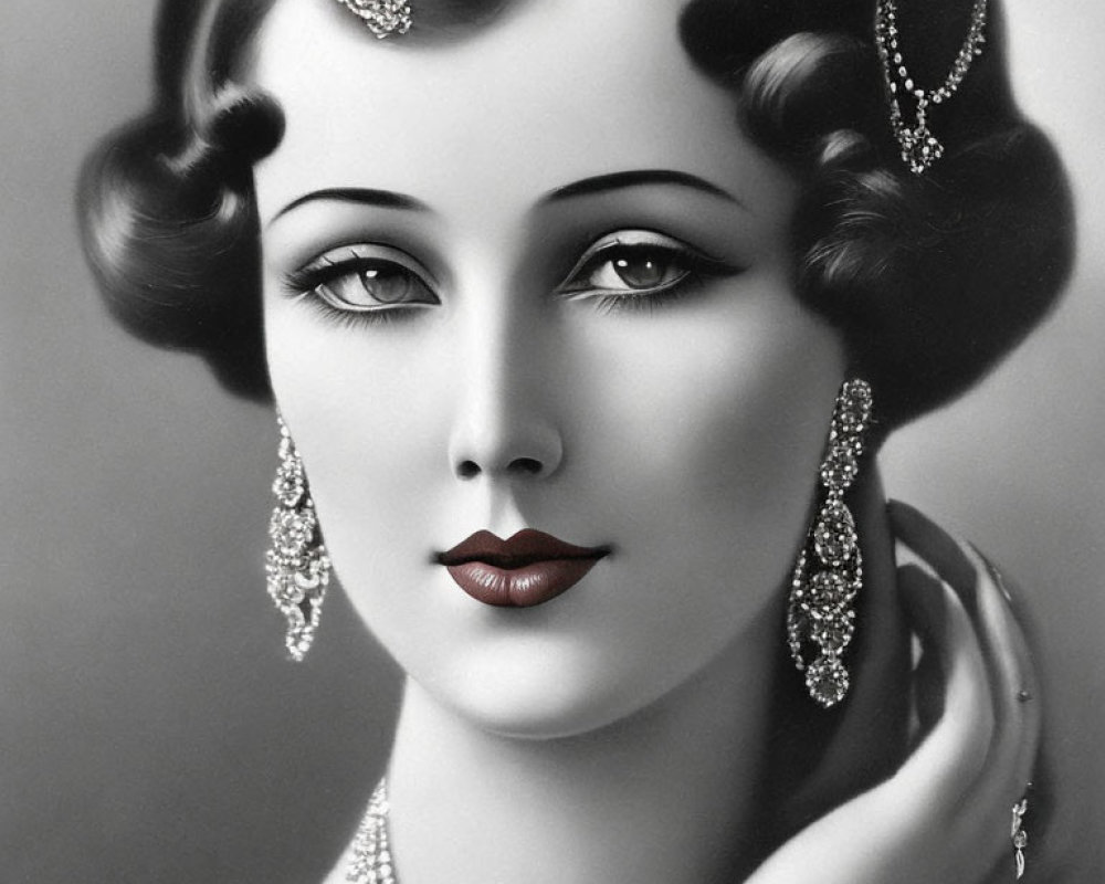 Vintage-inspired black and white portrait of a woman with jeweled accessories