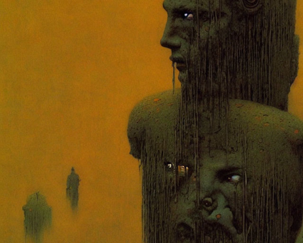 Surreal Artwork: Large Head with Descending Beings on Amber Background