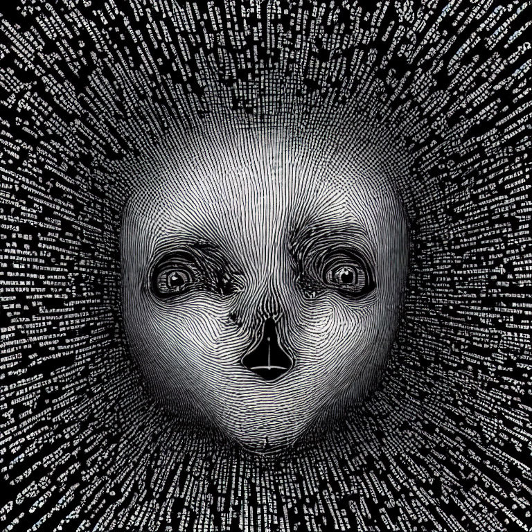 Surreal face with wide eyes in text tunnel