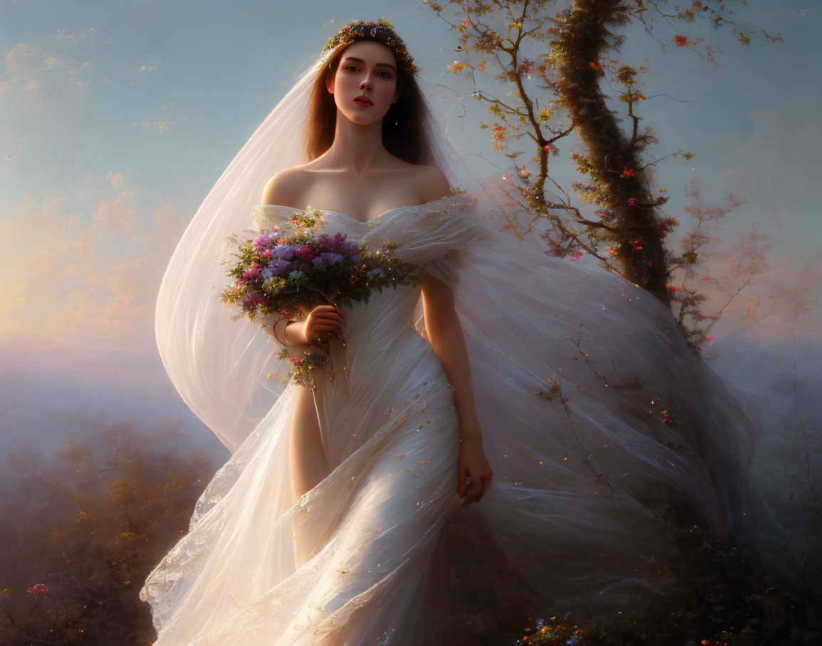 Bride in flowing gown with bouquet and tiara in ethereal forest