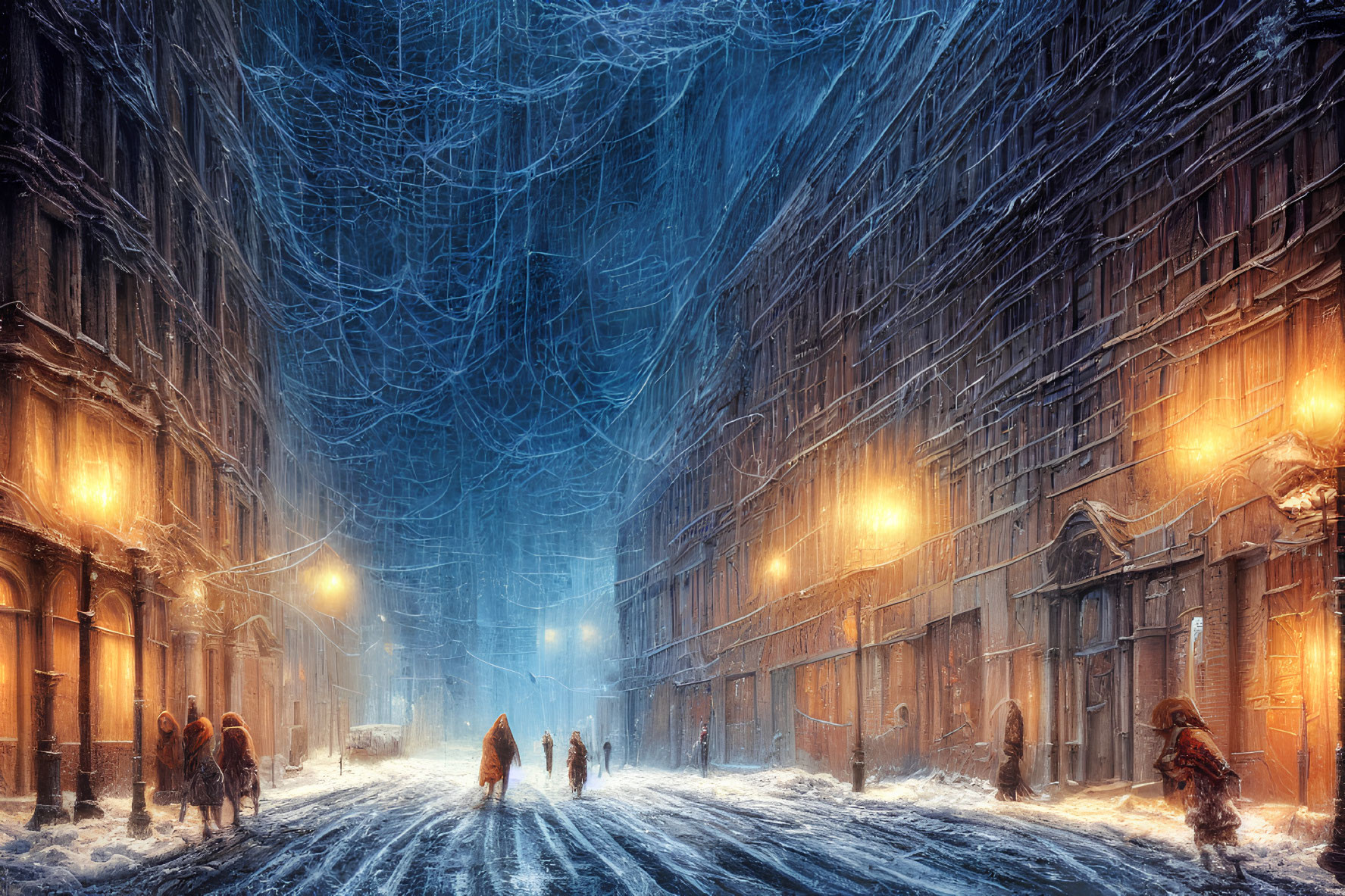 Snowy city street at night with illuminated buildings and people walking under web-like sky pattern