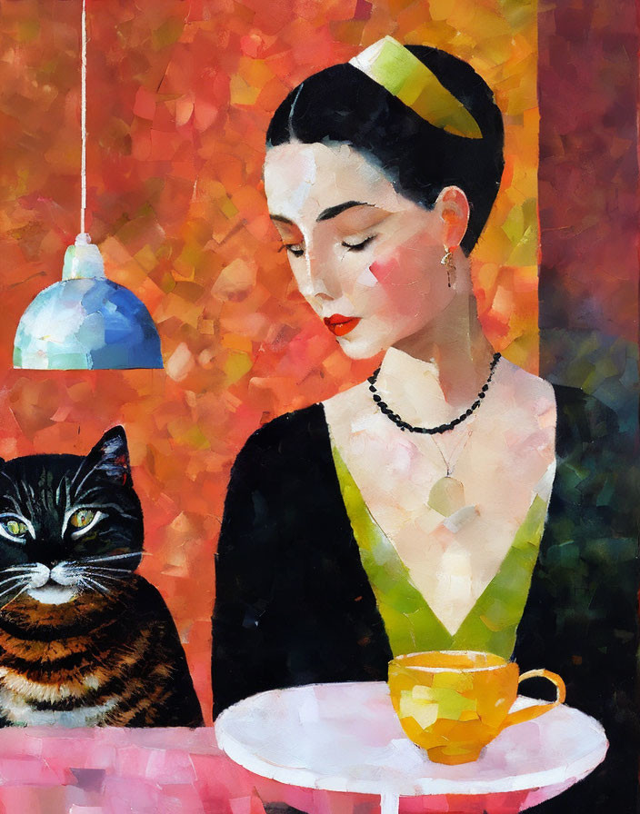 Woman with Headscarf, Black Cat, Teacup, and Geometric Background