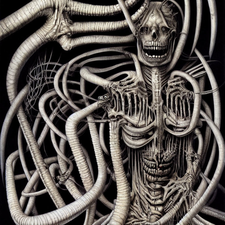 Detailed Monochrome Drawing of Skeletal Figure with Serpentine Creatures