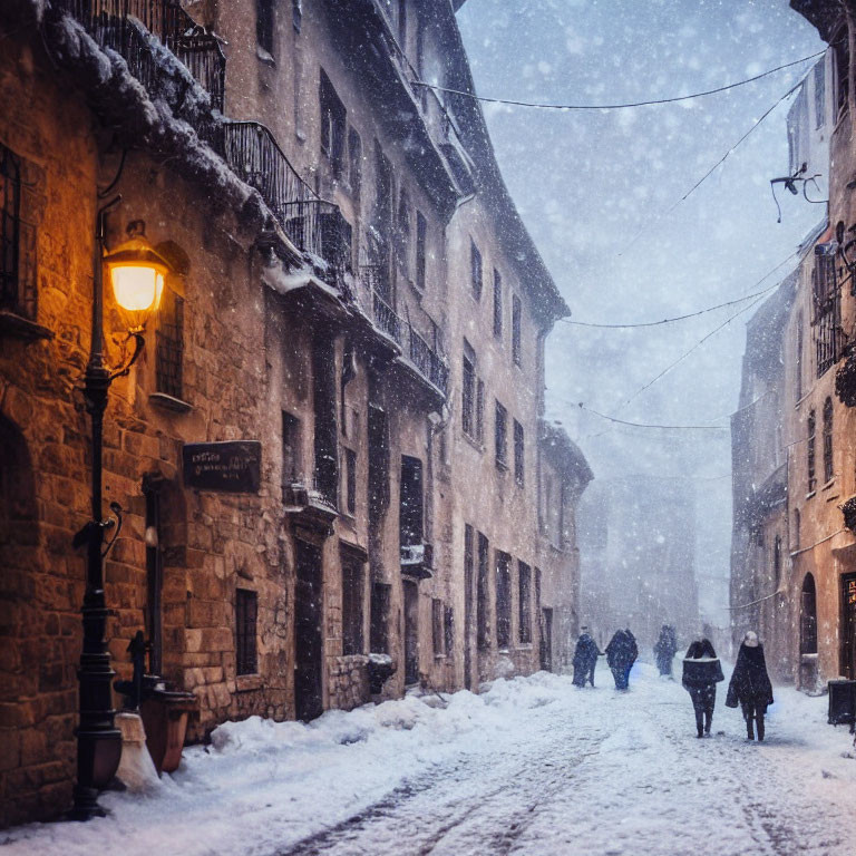 Snow-covered street at twilight with pedestrians and vintage buildings.