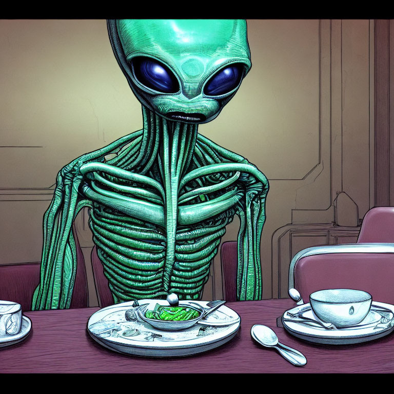 Alien with large eyes eating green food at table.