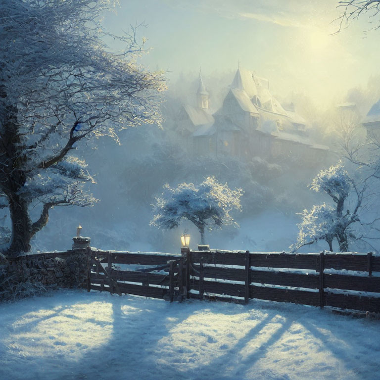 Snow-covered winter scene with glowing lantern, wooden fence, and cozy cottage at dusk