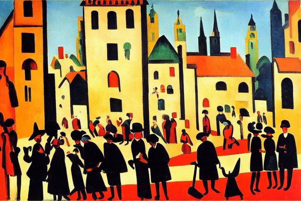 Vibrant urban scene painting with 1920s figures and dog