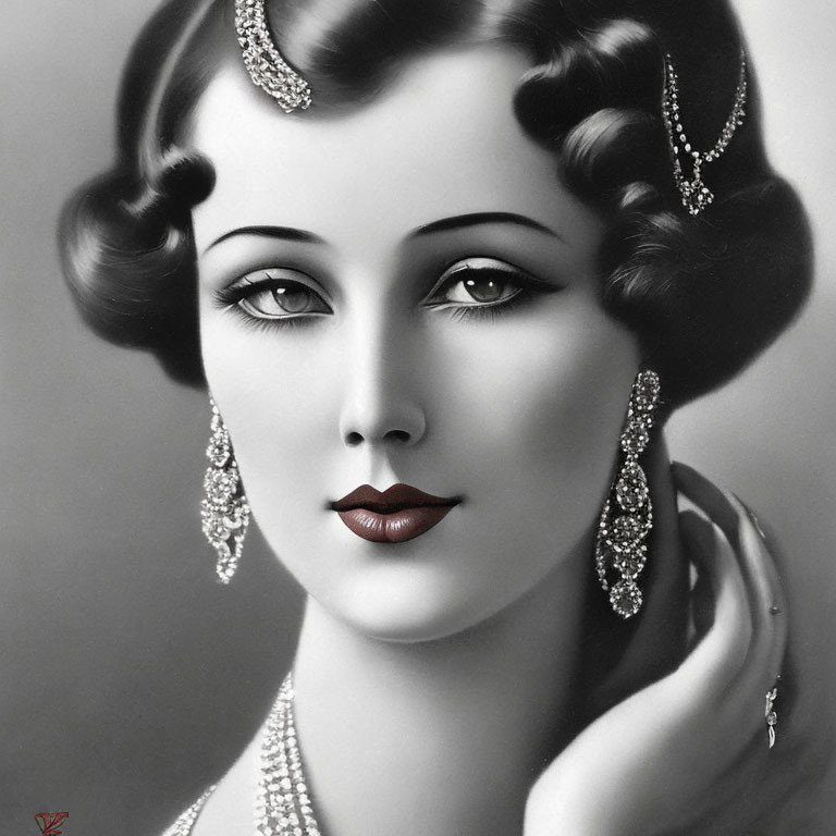 Vintage-inspired black and white portrait of a woman with jeweled accessories