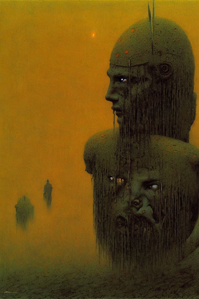 Surreal Artwork: Large Head with Descending Beings on Amber Background