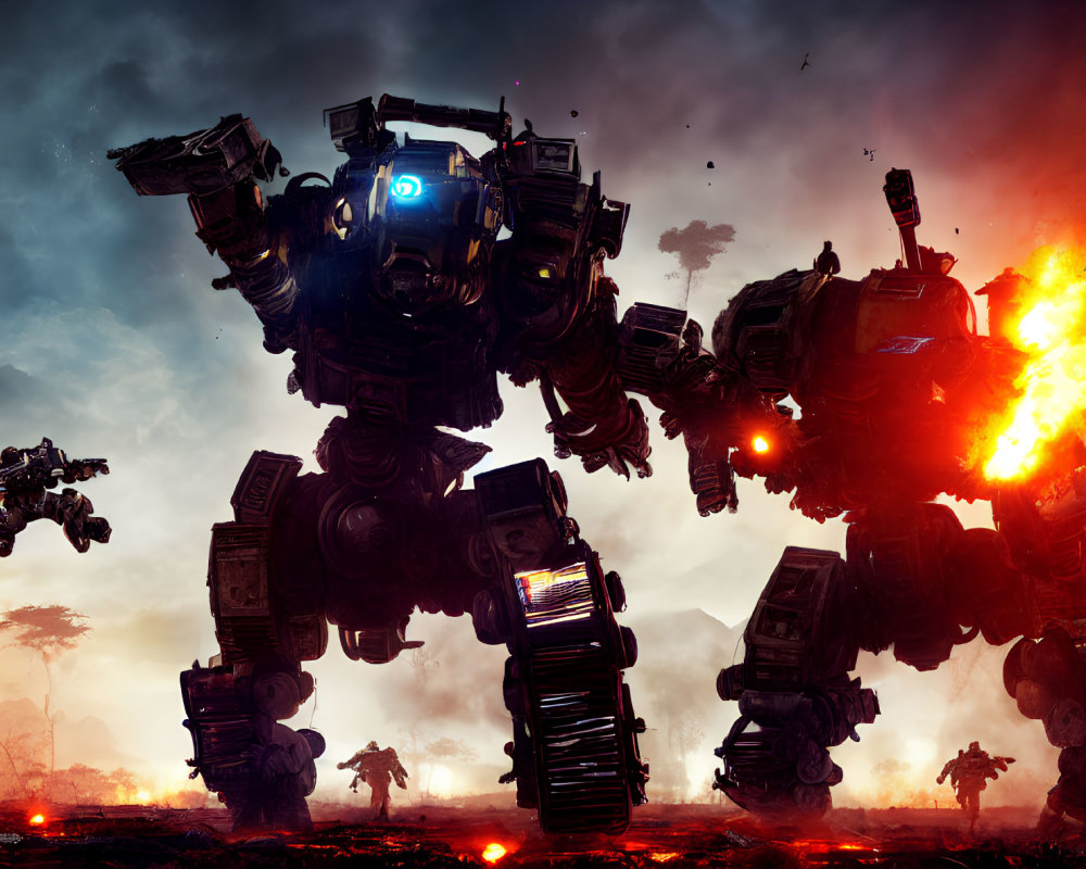 Large weaponized mechs in futuristic battle scene amid fire and smoke