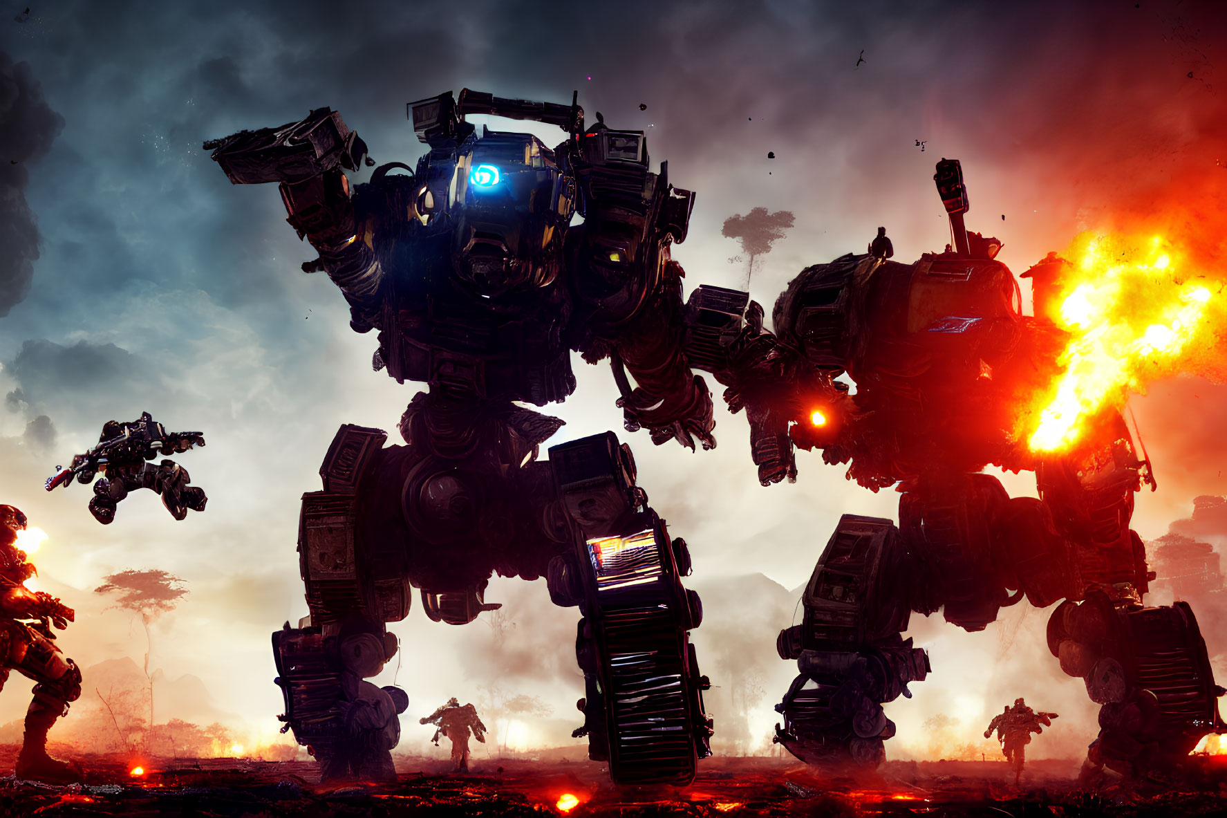 Large weaponized mechs in futuristic battle scene amid fire and smoke