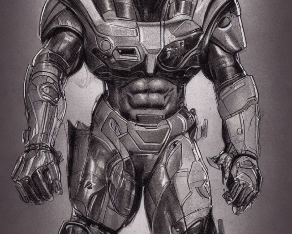 Detailed Sketch of Muscular Figure in Futuristic Armored Suit with Helmet