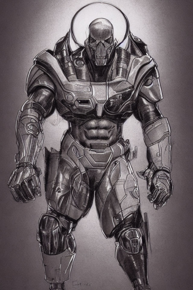 Detailed Sketch of Muscular Figure in Futuristic Armored Suit with Helmet