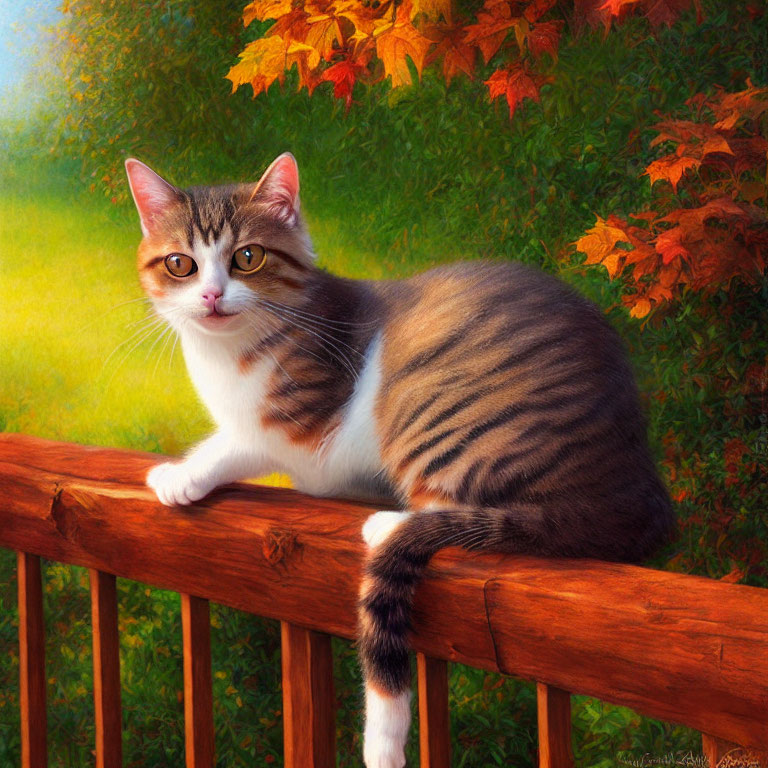 Gray and white striped cat on wooden fence with autumn leaves and greenery