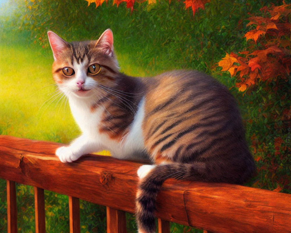 Gray and white striped cat on wooden fence with autumn leaves and greenery