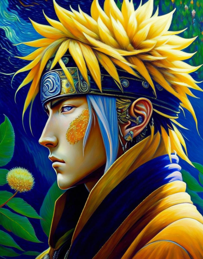 Male anime character with spiky blond hair, blue eyes, headband with symbol, and d