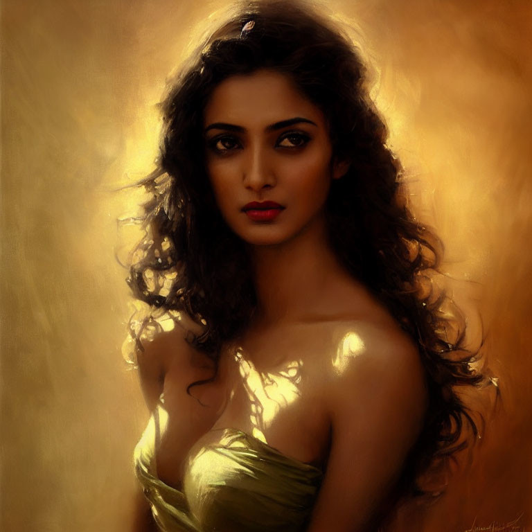 Portrait of Woman with Wavy Hair and Intense Gaze in Shoulder-Baring Outfit