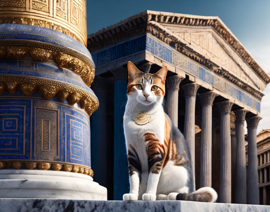 Calico Cat in Front of Ancient Greek Architecture and Blue Sky