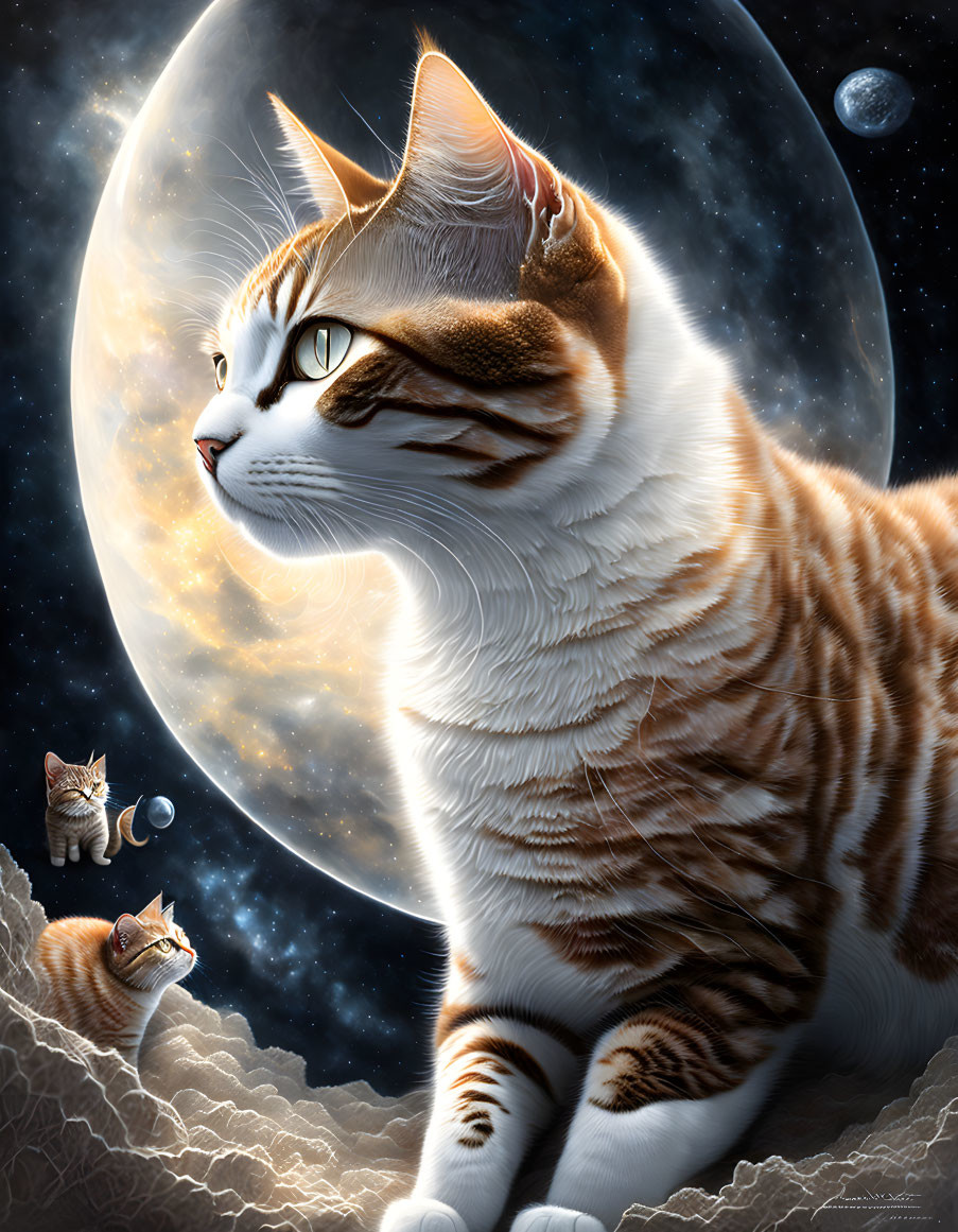 Digital Artwork: Giant Tabby Cat and Two Smaller Cats on Rocky Terrain with Cosmic Moon Background