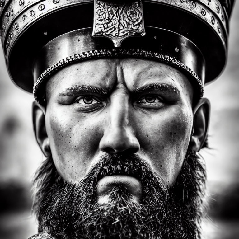 Monochrome close-up of stern-faced man with beard in decorative helmet