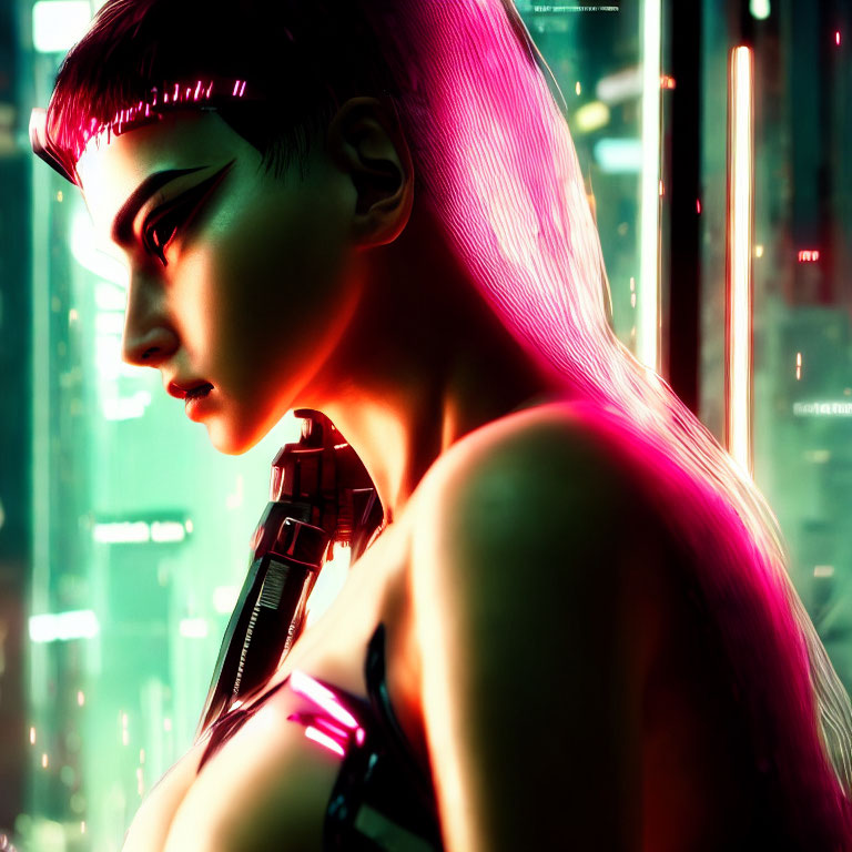 Female profile with neon pink hair in cyberpunk style against futuristic cityscape.