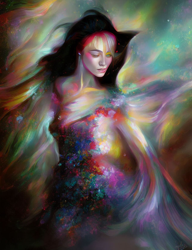 Vibrant cosmic nebula woman with flowing hair in pink, blue, and green