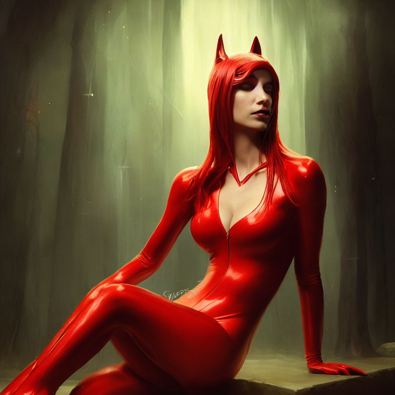 Person in red full-body costume with pointed ears in misty forest setting