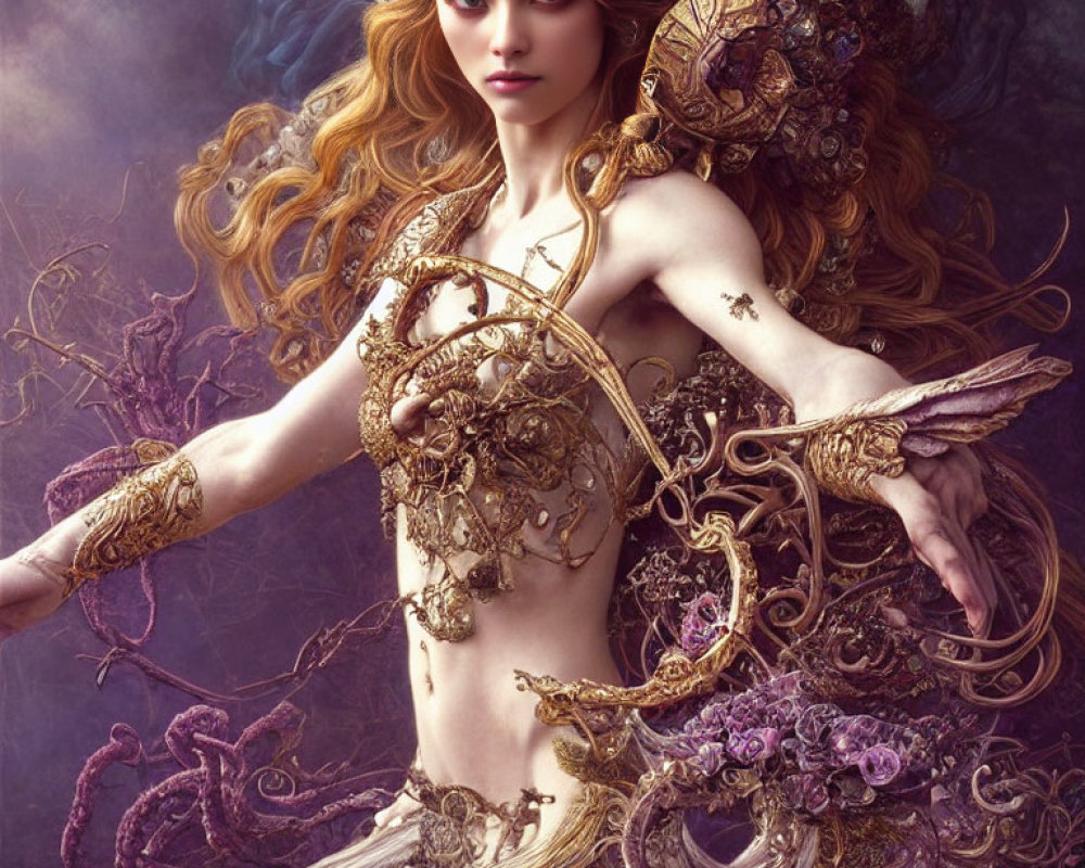 Fantastical female figure in golden armor with flowing hair and mystical purple haze