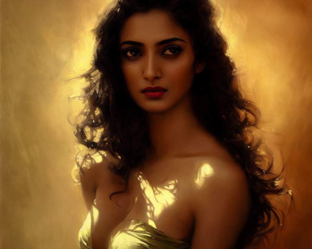 Portrait of Woman with Wavy Hair and Intense Gaze in Shoulder-Baring Outfit