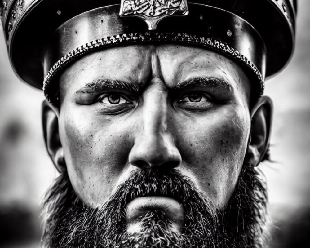 Monochrome close-up of stern-faced man with beard in decorative helmet