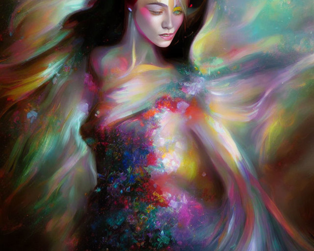 Vibrant cosmic nebula woman with flowing hair in pink, blue, and green