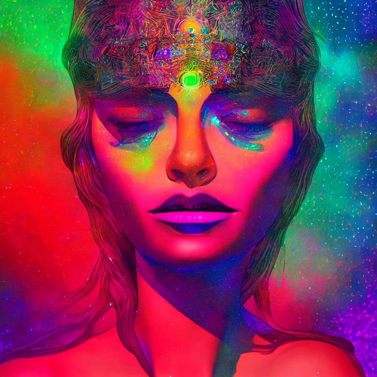 Colorful Psychedelic Portrait of Woman with Ornate Headpiece