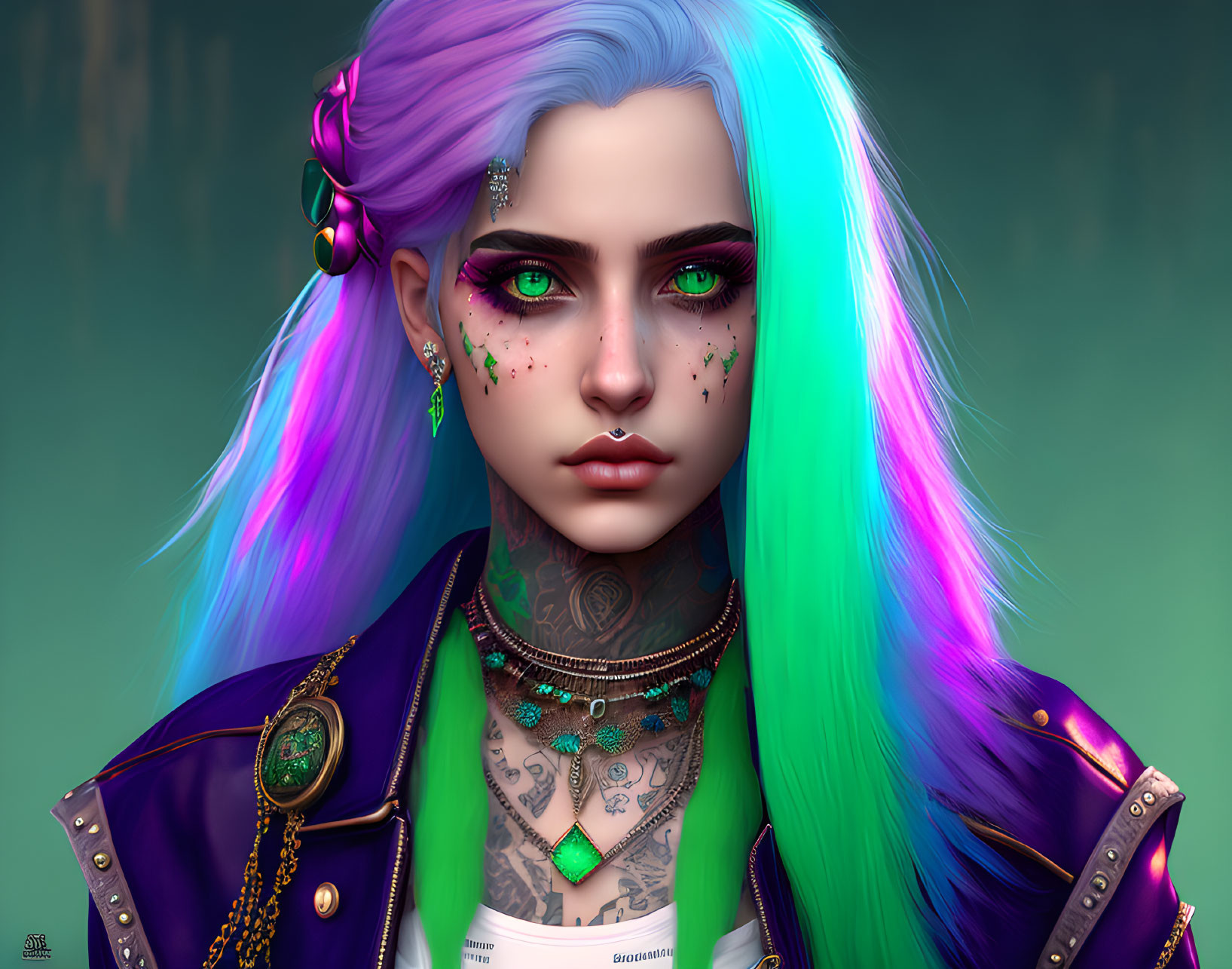 Digital artwork featuring person with blue and purple hair, green eyes, piercings, tattoos, and