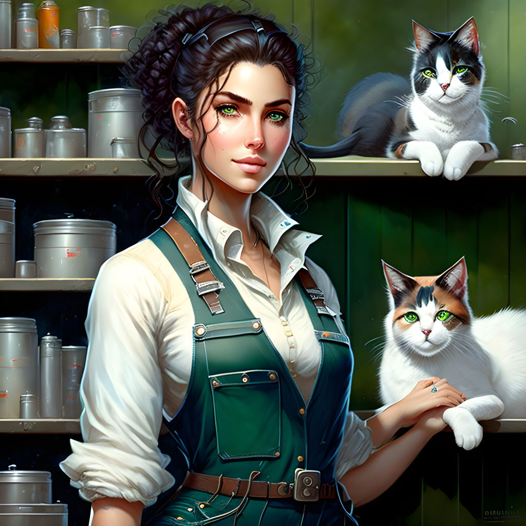 Digital painting of woman with curly hair and green eyes in workshop with cats on shelves