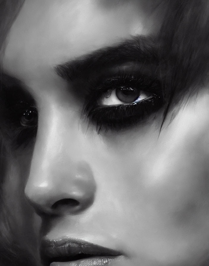 Intense grayscale portrait with dark eye makeup and serious expression