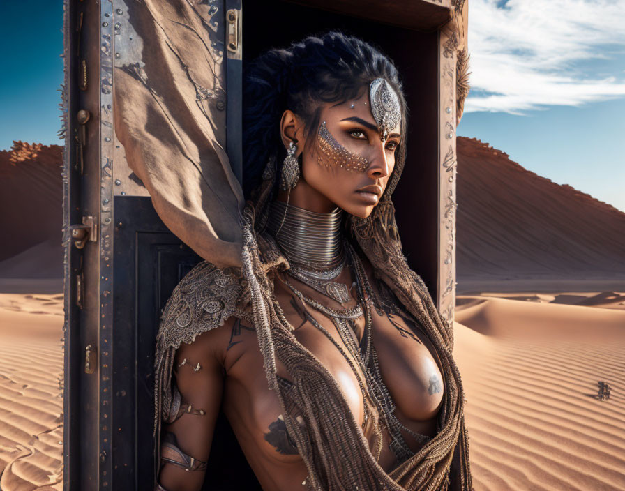 Woman with Tribal Makeup and Jewelry in Desert Scene