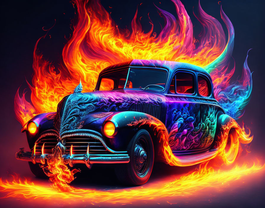 Vibrant blue and purple classic car engulfed in orange and red flames