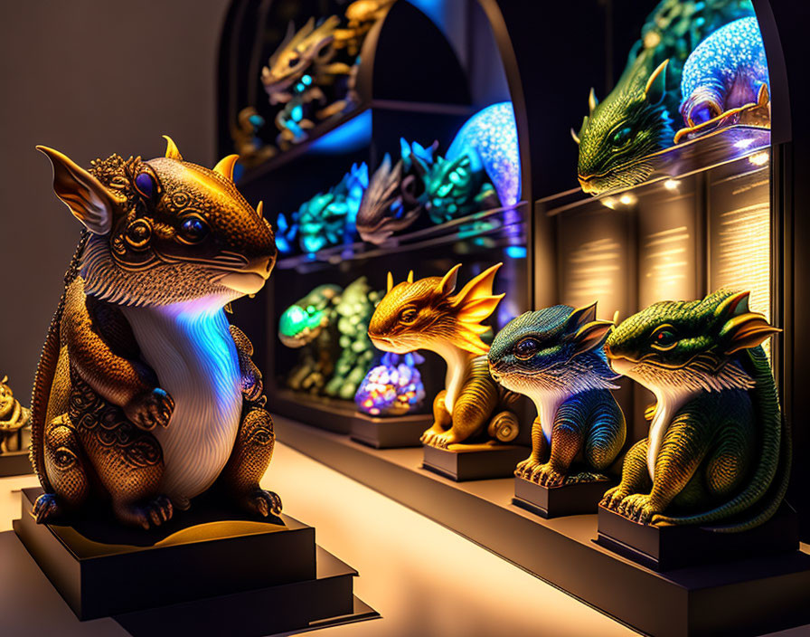 Intricately designed dragon figurines on lit shelves