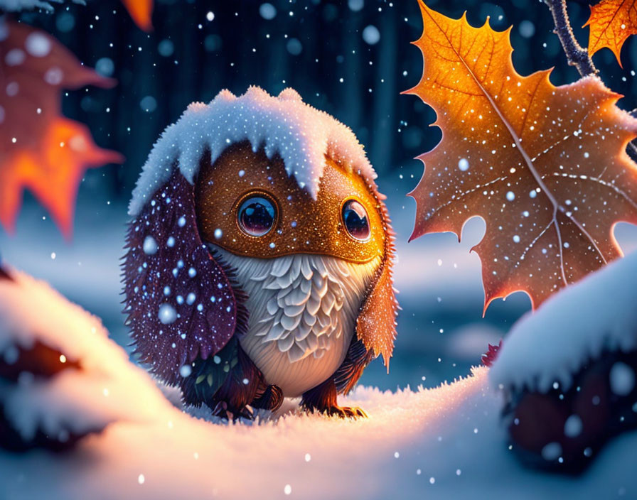 Whimsical illustration of cute creature in snowy landscape