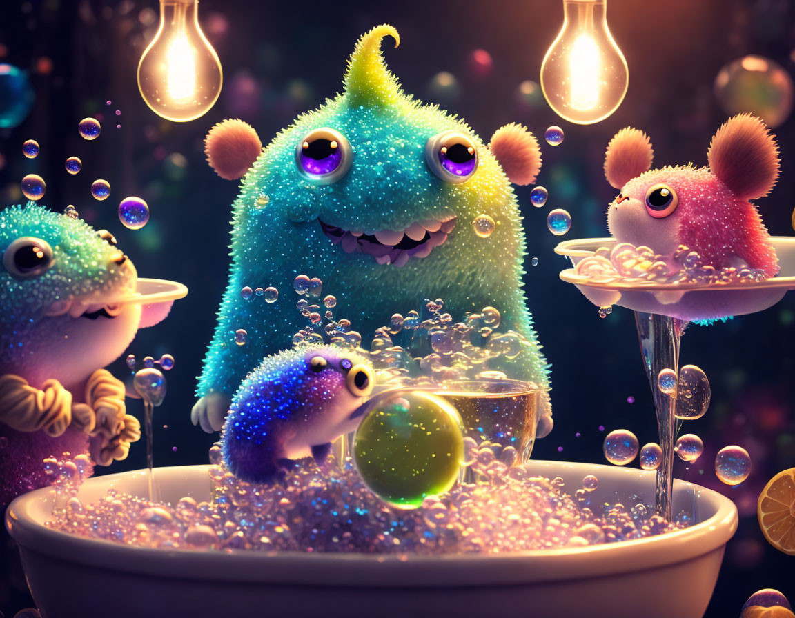 Whimsical creatures surrounded by bubbles and glowing bulbs in a magical scene