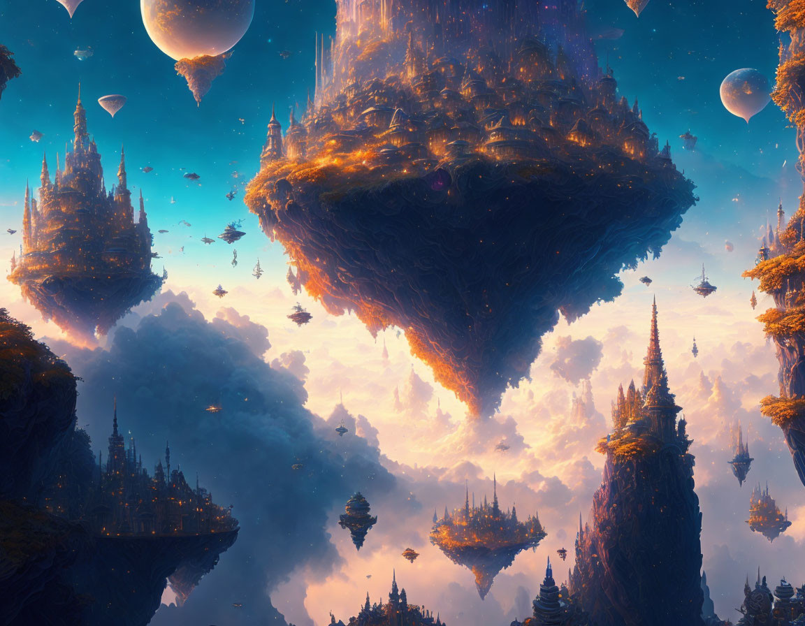 Fantastical landscape with floating islands, soaring spires, and luminescent flora