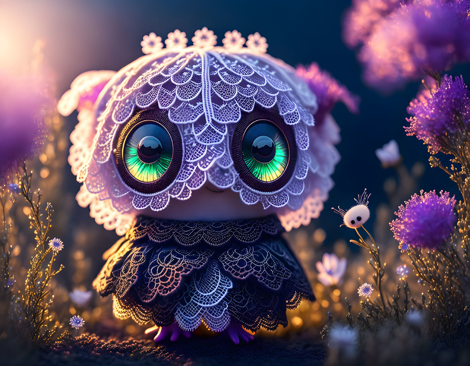 Whimsical toy owl with green eyes in purple flower setting