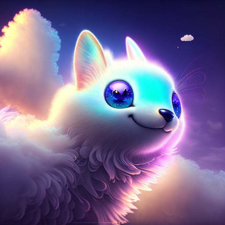 Fluffy white cat with glowing blue eyes in dreamy purple sky