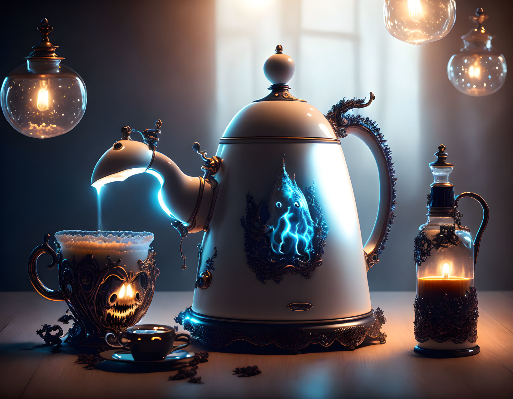 Ornate teapot with magical blue glow, skull teacup, lantern in whimsical still