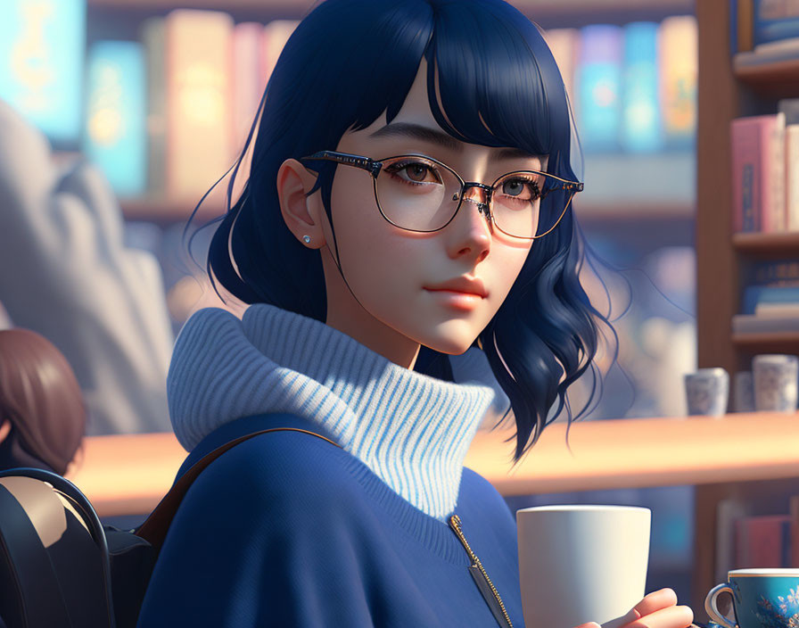 Woman with glasses in cozy cafe surrounded by books and soft lighting