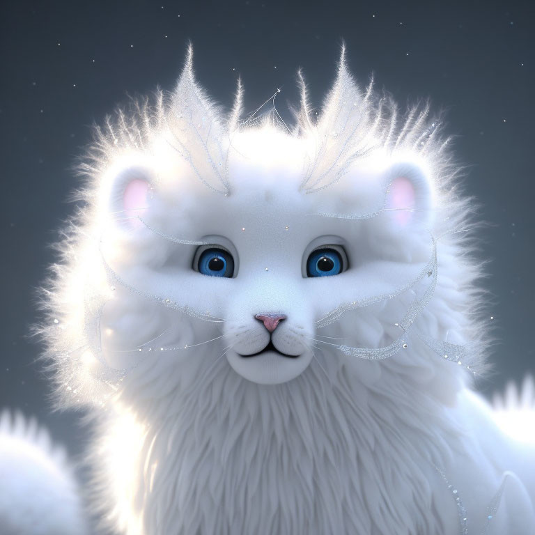 Fluffy white cat-like creature with glowing whiskers on starry backdrop